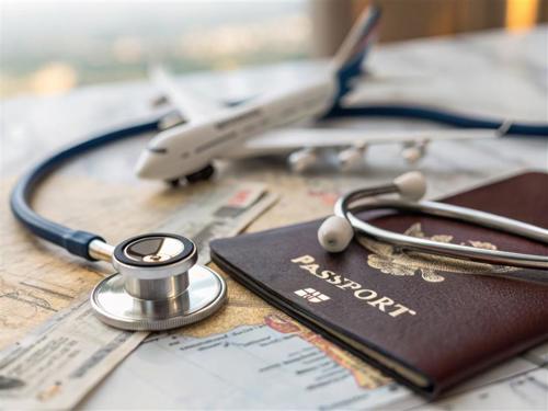 Health tourism represented by a map, passport, model plane, and a stethoscope